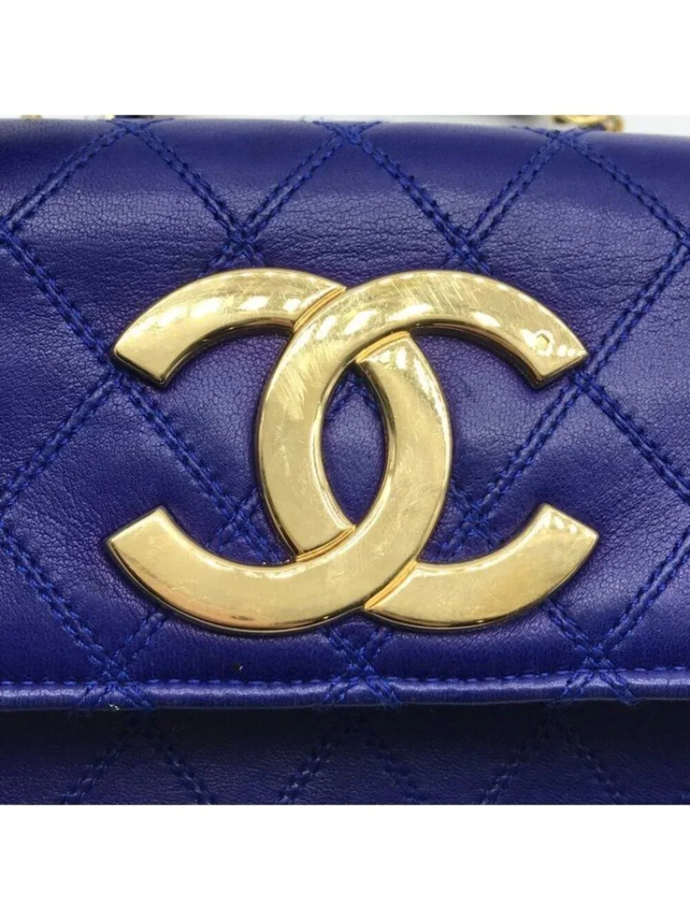 Chanel Bicolor Chain Shoulder Bag Big CC Logo Gold Quilted Blue